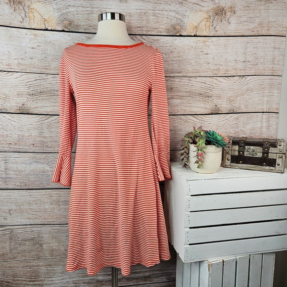 Three Dots Dresses & Skirts - Three Dots Womens Orange White Striped Bell Sleeve Boat Neck Mini Dress Small